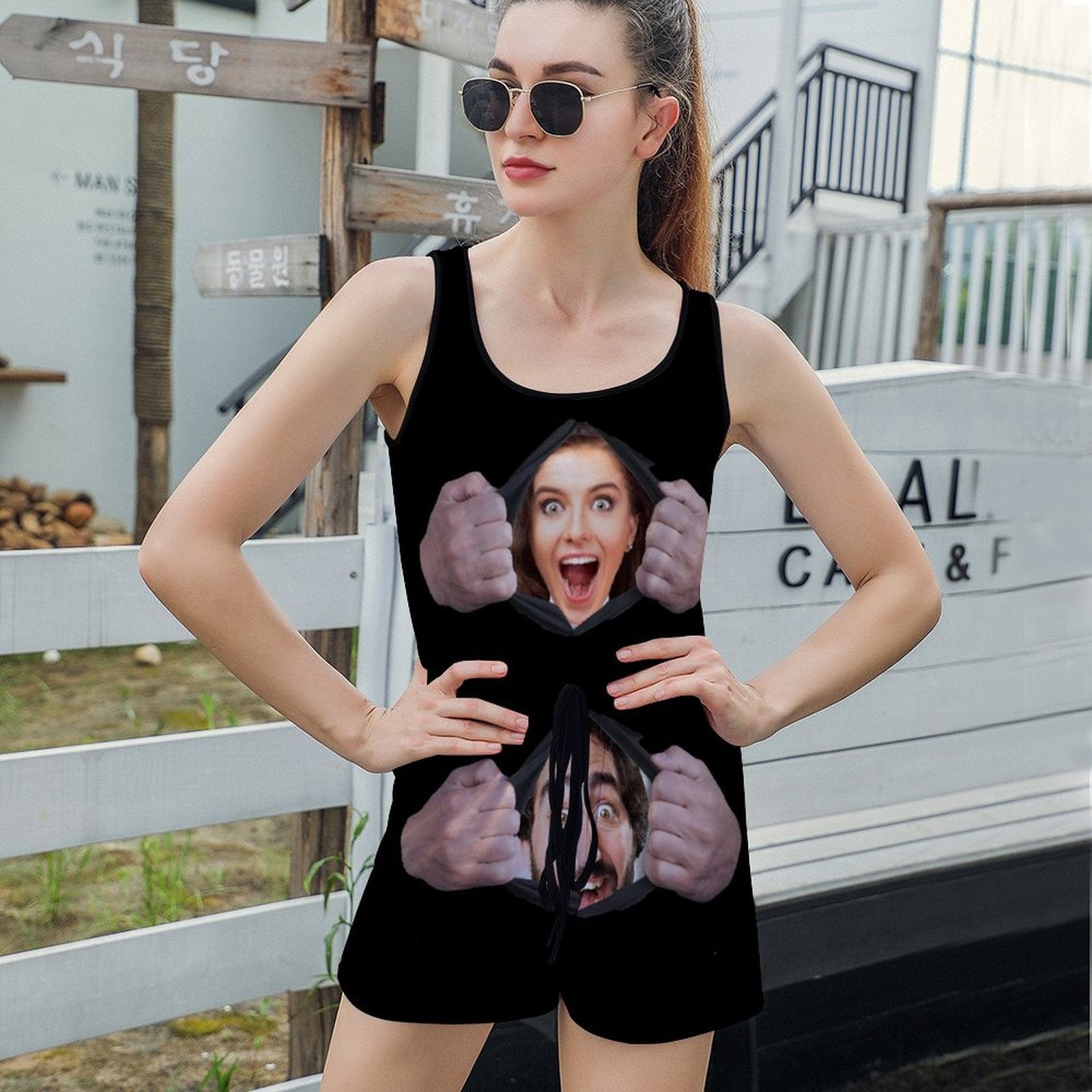 FacePajamas Pajama-2ML-SDS Custom Couple Face Pajama Torn Apart Women's Short Jumpsuit Loungewear