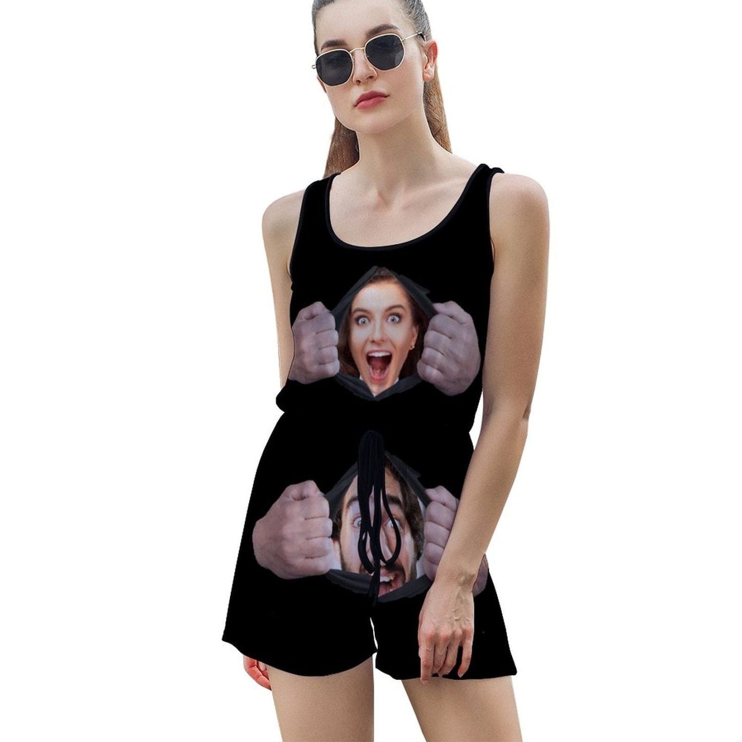FacePajamas Pajama-2ML-SDS Custom Couple Face Pajama Torn Apart Women's Short Jumpsuit Loungewear