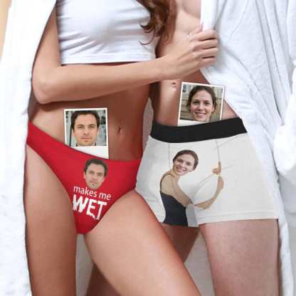 FacePajamas Mix Briefs Custom Couple Matching Briefs Underwear with Face Hug, Lingerie Personalized Men's Boxer Briefs&Women's Classic Thong Made for Couple