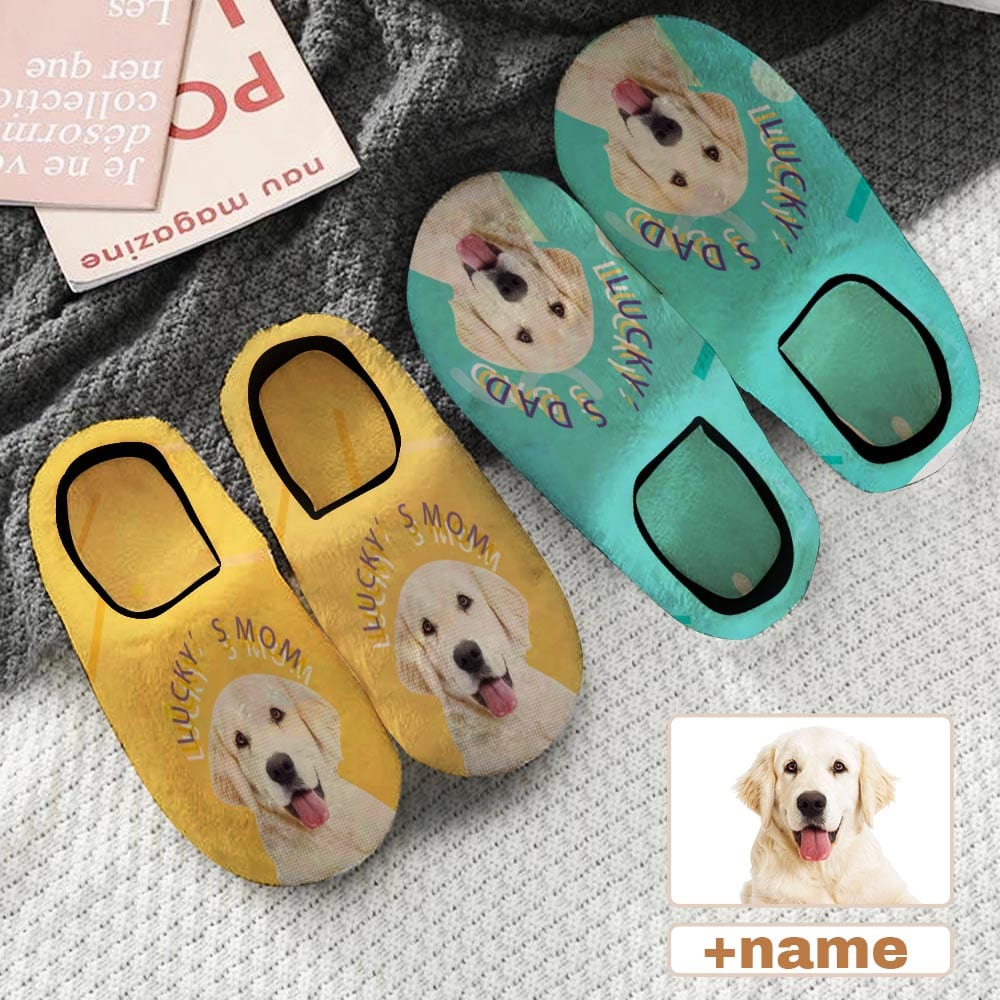 FacePajamas Slippers Custom Dog's Photo&Name All Over Print Personalized Non-Slip Cotton Slippers For Couple