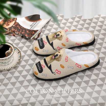 FacePajamas Slippers-2YX-SDS Custom Dog's Photo  & Name Bones Hamburgers All Over Print Cotton Slippers