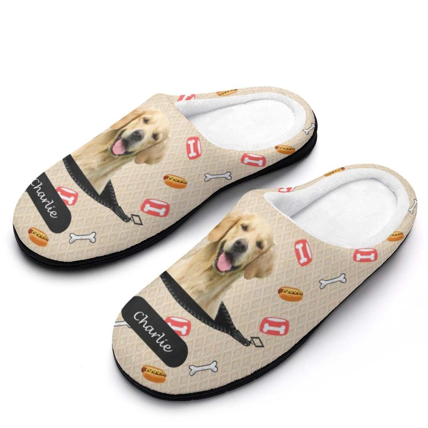 FacePajamas Slippers-2YX-SDS Custom Dog's Photo  & Name Bones Hamburgers All Over Print Cotton Slippers