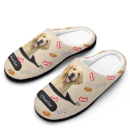 FacePajamas Slippers-2YX-SDS Custom Dog's Photo  & Name Bones Hamburgers All Over Print Cotton Slippers