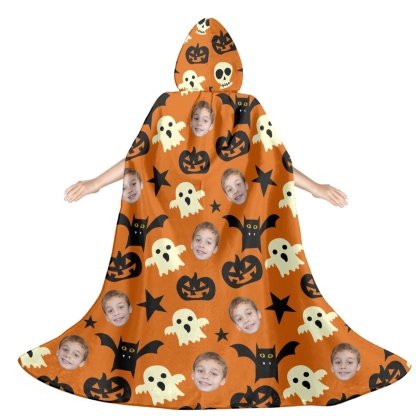 FacePajamas Halloween Cloak-2ML-ZD Custom Face Bat Unisex Hooded Halloween Cloak for Adult and Kids Cosplay Costumes Wizard Cape with Hat