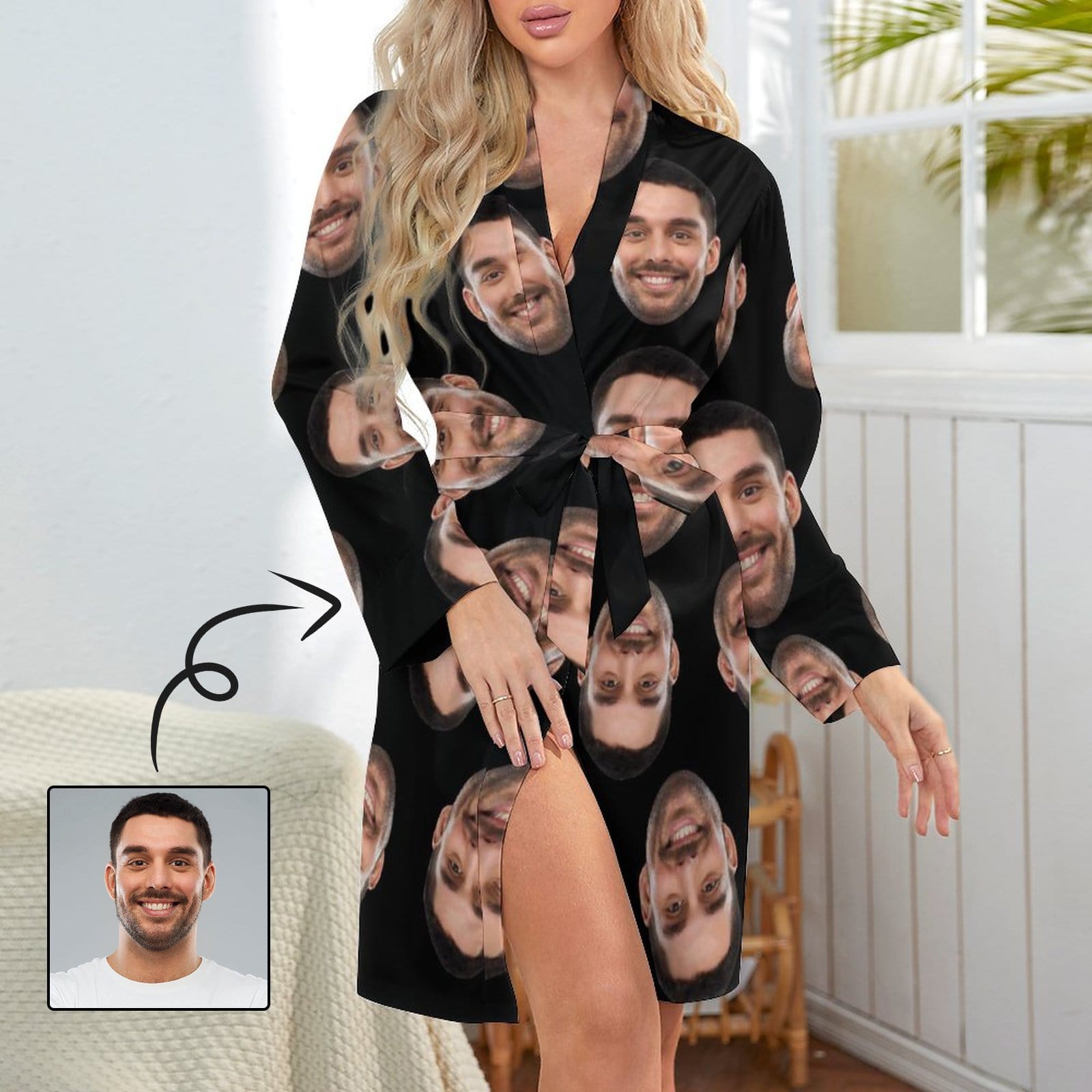 FacePajamas Pajama-2YX-SDS Custom Face Black Background Boyfriend Women's Long Pajamas Funny Personalized Photo Pajamas Kimono Robe