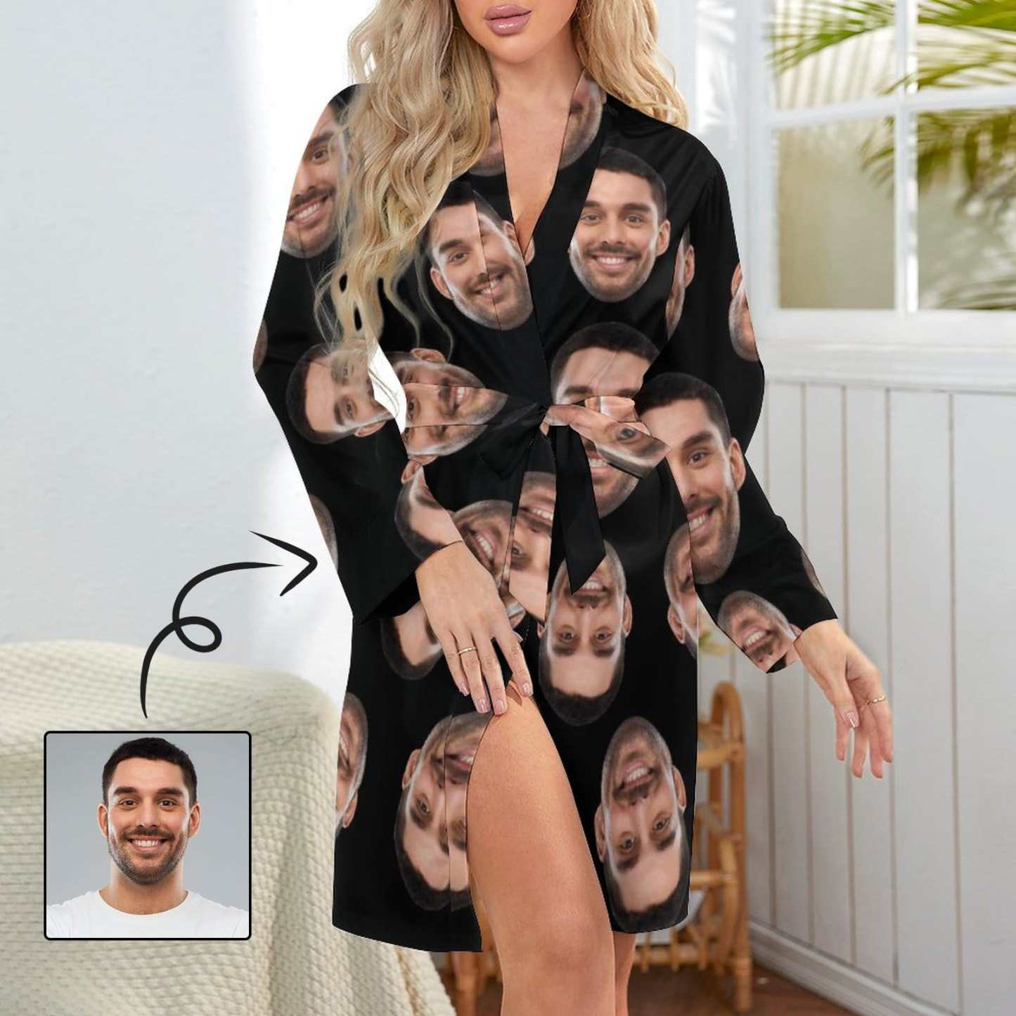 FacePajamas Pajama-2YX-SDS Custom Face Black Background Boyfriend Women's Long Pajamas Funny Personalized Photo Pajamas Kimono Robe