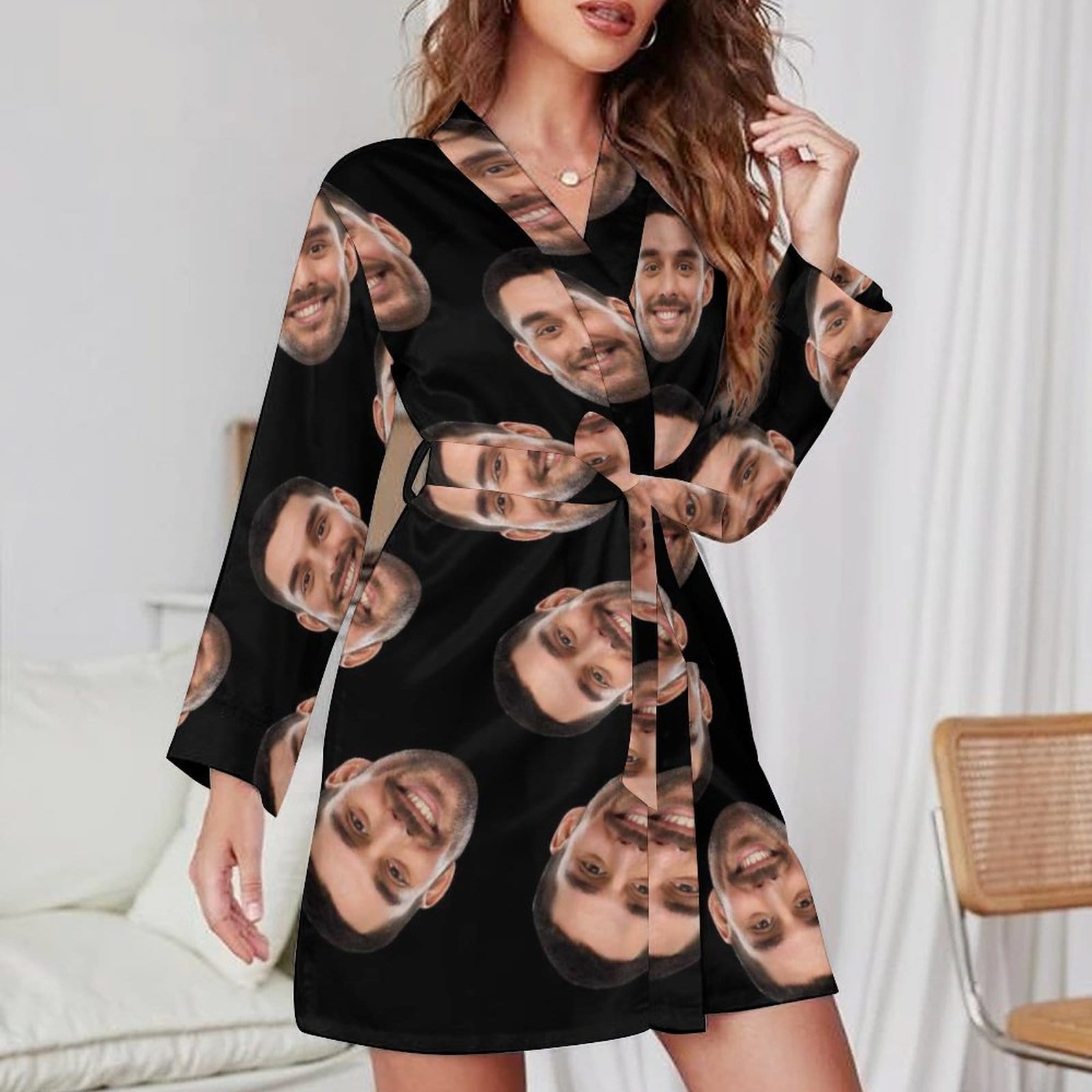 FacePajamas Pajama-2YX-SDS Custom Face Black Background Boyfriend Women's Long Pajamas Funny Personalized Photo Pajamas Kimono Robe