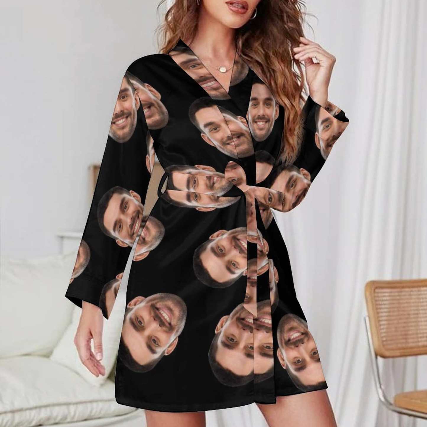 FacePajamas Pajama-2YX-SDS Custom Face Black Background Boyfriend Women's Long Pajamas Funny Personalized Photo Pajamas Kimono Robe