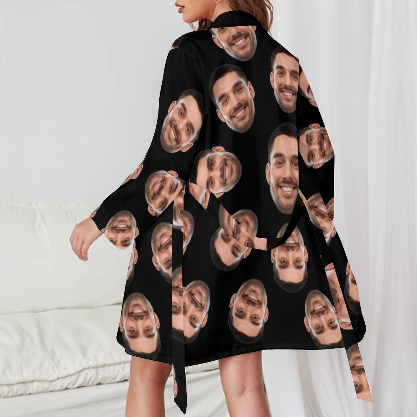 FacePajamas Pajama-2YX-SDS Custom Face Black Background Boyfriend Women's Long Pajamas Funny Personalized Photo Pajamas Kimono Robe