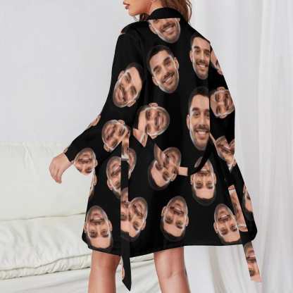 FacePajamas Pajama-2YX-SDS Custom Face Black Background Boyfriend Women's Long Pajamas Funny Personalized Photo Pajamas Kimono Robe