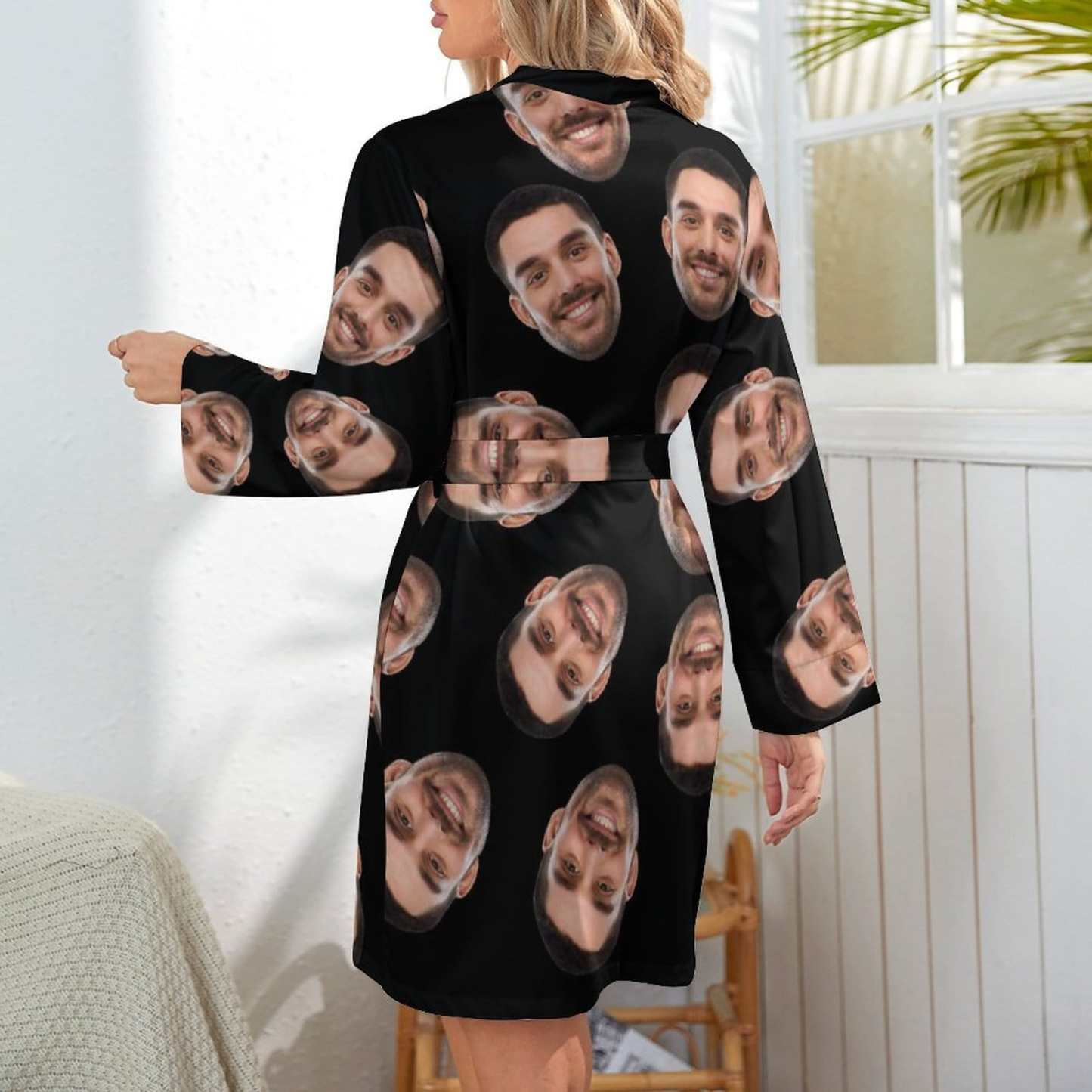 FacePajamas Pajama-2YX-SDS Custom Face Black Background Boyfriend Women's Long Pajamas Funny Personalized Photo Pajamas Kimono Robe