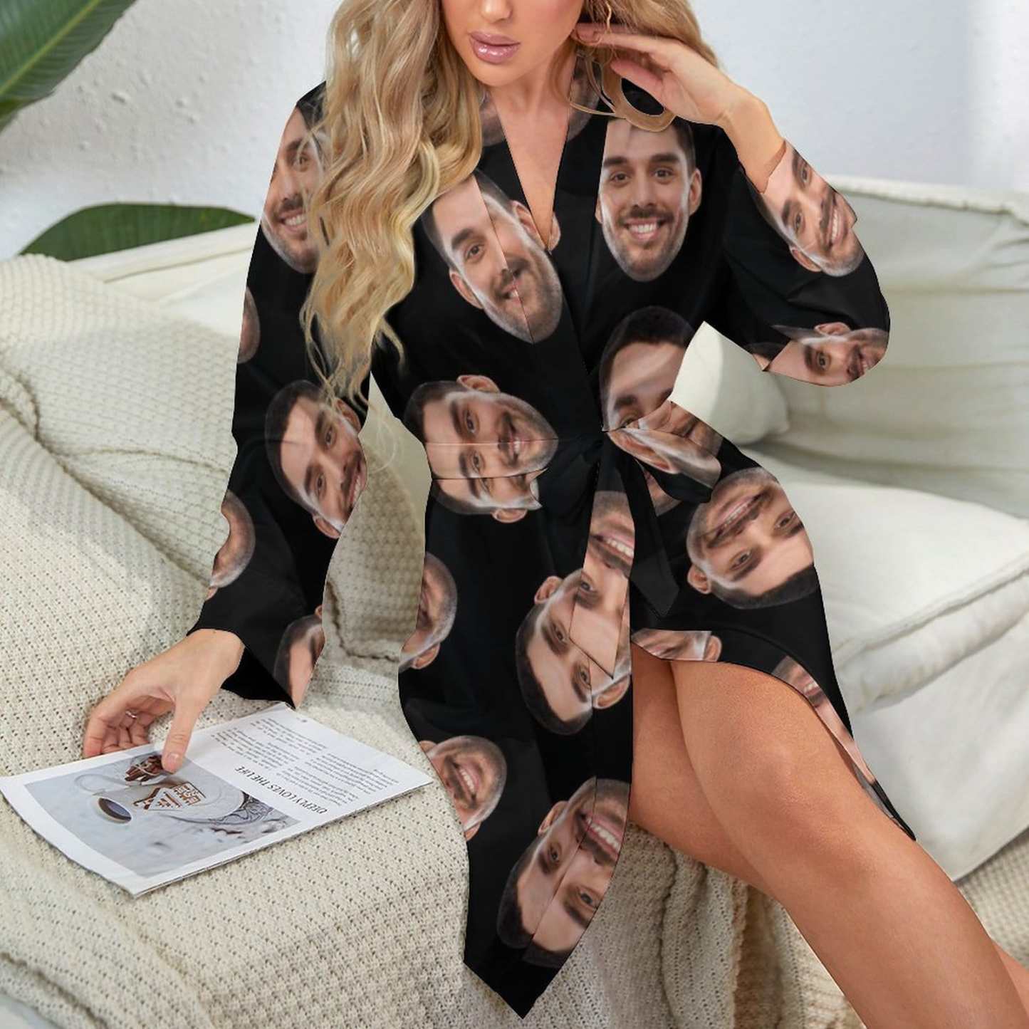 FacePajamas Pajama-2YX-SDS Custom Face Black Background Boyfriend Women's Long Pajamas Funny Personalized Photo Pajamas Kimono Robe
