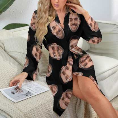 FacePajamas Pajama-2YX-SDS Custom Face Black Background Boyfriend Women's Long Pajamas Funny Personalized Photo Pajamas Kimono Robe