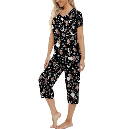FacePajamas Pajama 7 Set-2ML-1688 Custom Face Black Starry Sky Women's Loungewear Set Short Sleeve Shirt and Capri Pants Sleepwear Pajama Set