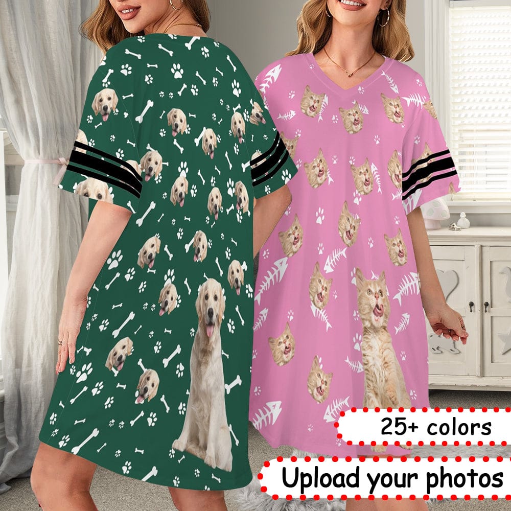 FacePajamas Pajama Dress-1YN-Blue Custom Face Fish Bones Women's V-Neck Short Sleeved Nightdresses Personazlied Sleep Dress