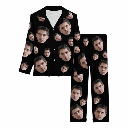 FacePajamas Pajama Custom Face Boy/Girlfriend Black Background Sleepwear Personalized Women's Slumber Party Long Pajama Set