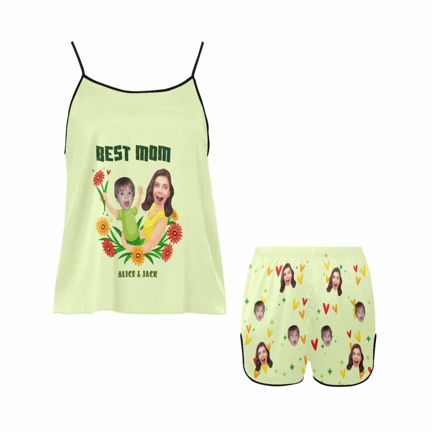 FacePajamas 379780497655 Custom Face Cami Pajamas Set  Flower And Heart Best Mom Women's Personalized Sleepwear