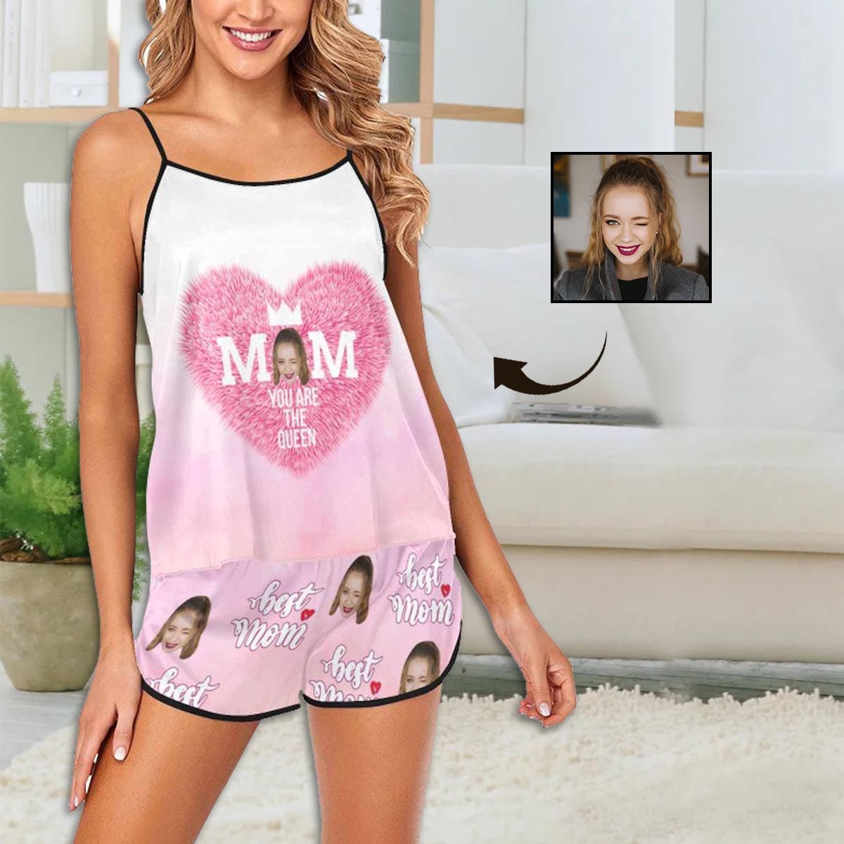 FacePajamas 379780497655 Custom Face Cami Pajamas Set Mom Are The Queen Personalized Sleepwear