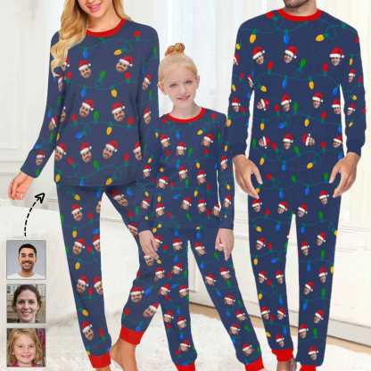 FacePajamas Pajama Custom Face Christmas Hat LED Lights Sleepwear Personalized Family Slumber Party Matching Long Sleeve Pajamas Set