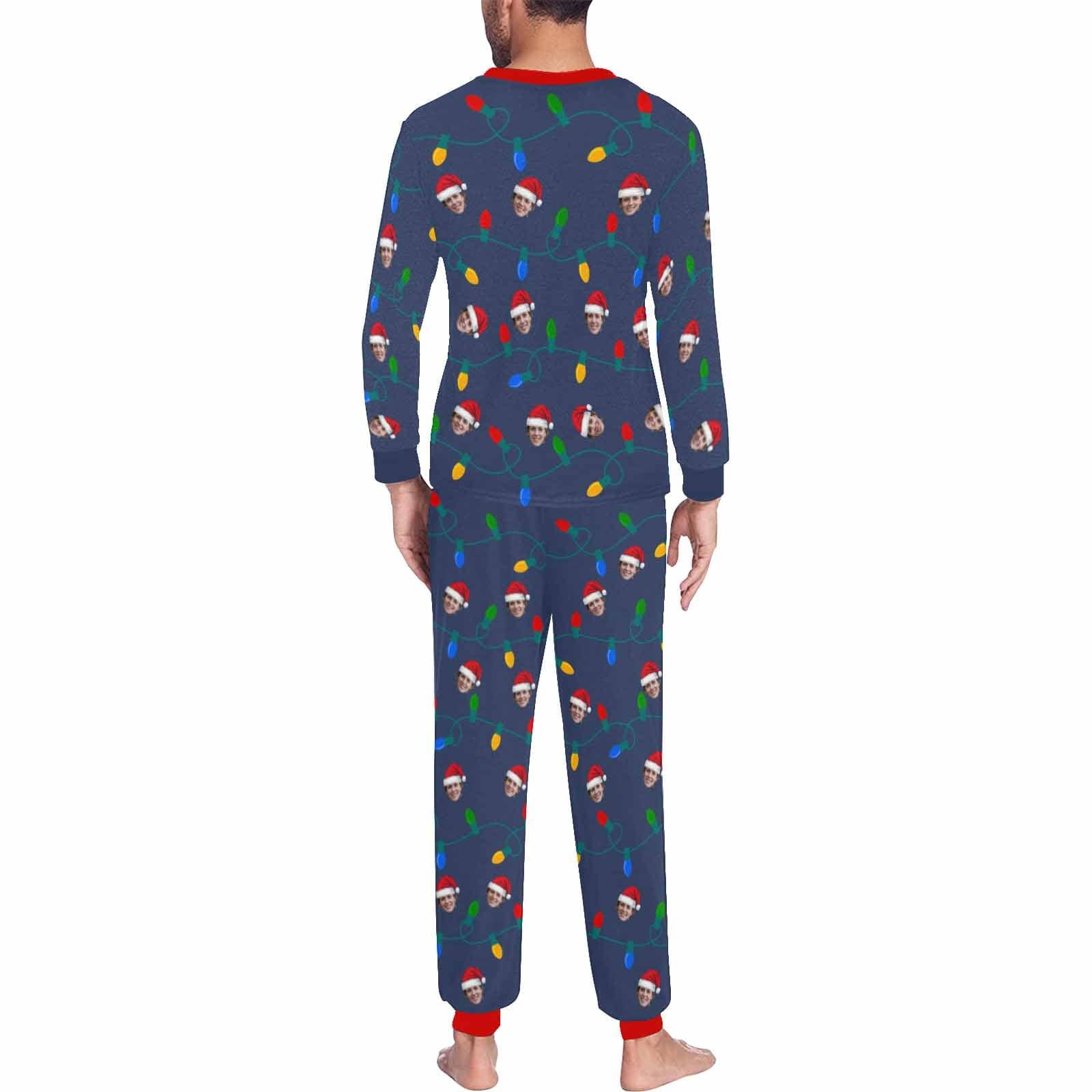 FacePajamas Pajama Custom Face Christmas Hat LED Lights Sleepwear Personalized Family Slumber Party Matching Long Sleeve Pajamas Set