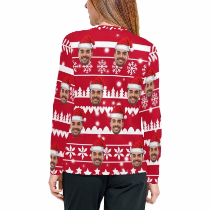 FacePajamas Pajama Shirt&Pants Custom Face Christmas Hat Long Pajama Shirt&Pants Personalized Women's Slumber Party Sleepwear