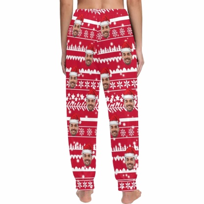 FacePajamas Pajama Shirt&Pants Custom Face Christmas Hat Long Pajama Shirt&Pants Personalized Women's Slumber Party Sleepwear