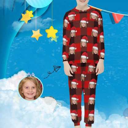 FacePajamas Pajama Custom Face Christmas Hat Pjs Red Black Stripes Sleepwear Personalized Kids Long Sleeve Pajamas Set