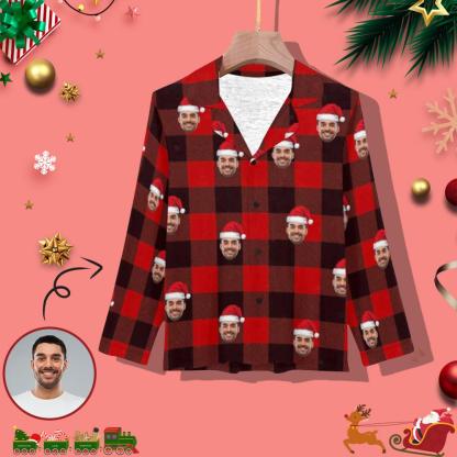 FacePajamas Pajama Custom Face Christmas Hat Red Black Stripe Women's Long Pajama Set Pajama Top&Pajama Bottom