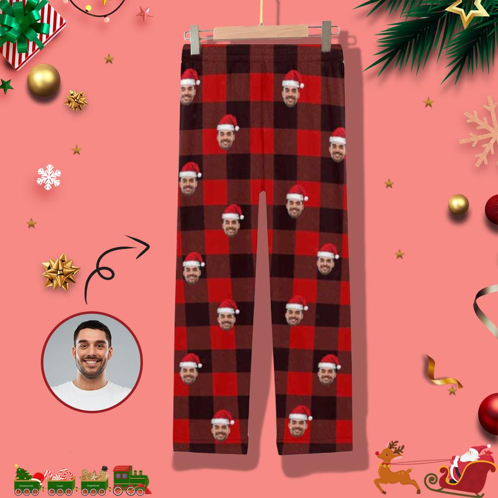 FacePajamas Pajama Custom Face Christmas Hat Red Black Stripe Women's Long Pajama Set Pajama Top&Pajama Bottom