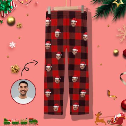FacePajamas Pajama Custom Face Christmas Hat Red Black Stripe Women's Long Pajama Set Pajama Top&Pajama Bottom