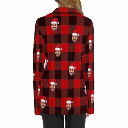 FacePajamas Pajama Custom Face Christmas Hat Red Black Stripe Women's Long Pajama Set Pajama Top&Pajama Bottom