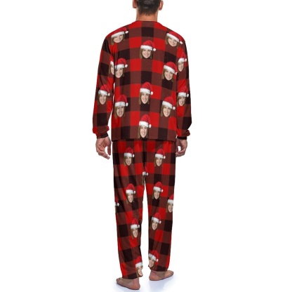 FacePajamas Pajama Custom Face Christmas Hat Red Black Stripes Nightwear Personalized Family Matching Long Sleeve Pajamas Set