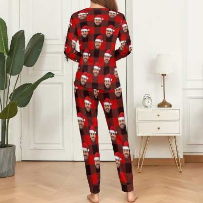 FacePajamas Pajama Custom Face Christmas Hat Red Black Stripes Nightwear Personalized Family Matching Long Sleeve Pajamas Set