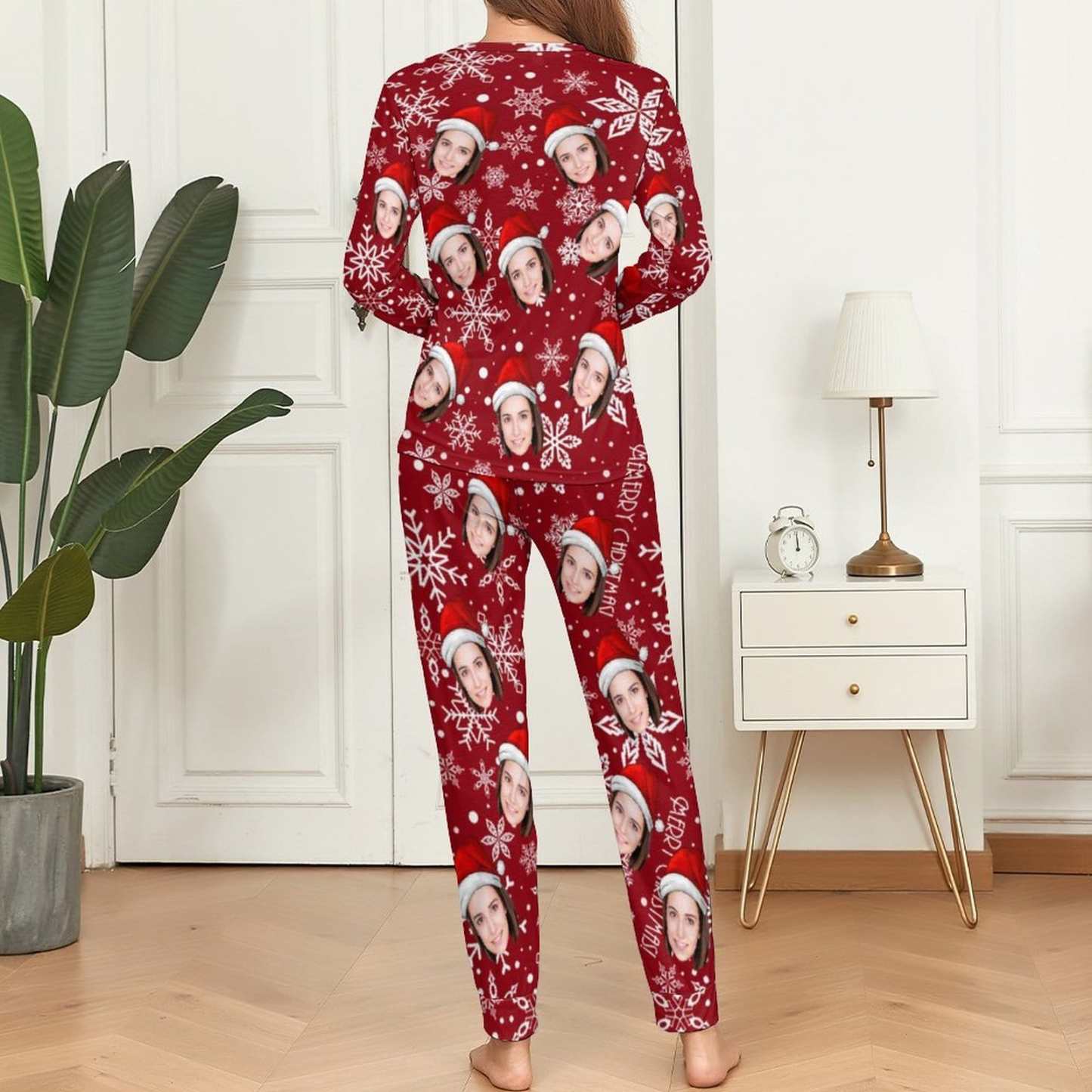 FacePajamas Pajama Custom Face Christmas Hat Snowflakes Nightwear Personalized Women's Slumber Party Crewneck Long Pajamas Set