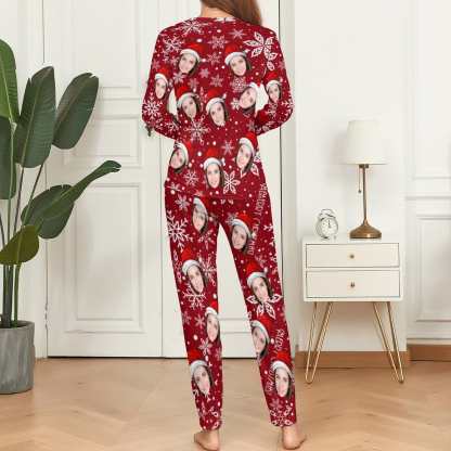 FacePajamas Pajama Custom Face Christmas Hat Snowflakes Nightwear Personalized Women's Slumber Party Crewneck Long Pajamas Set