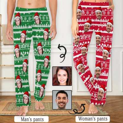 FacePajamas Pajama Shirt&Pants Custom Face Christmas Red Hat Snowflake Sleepwear Personalized Women's&Men's Slumber Party Long Pajama Pants