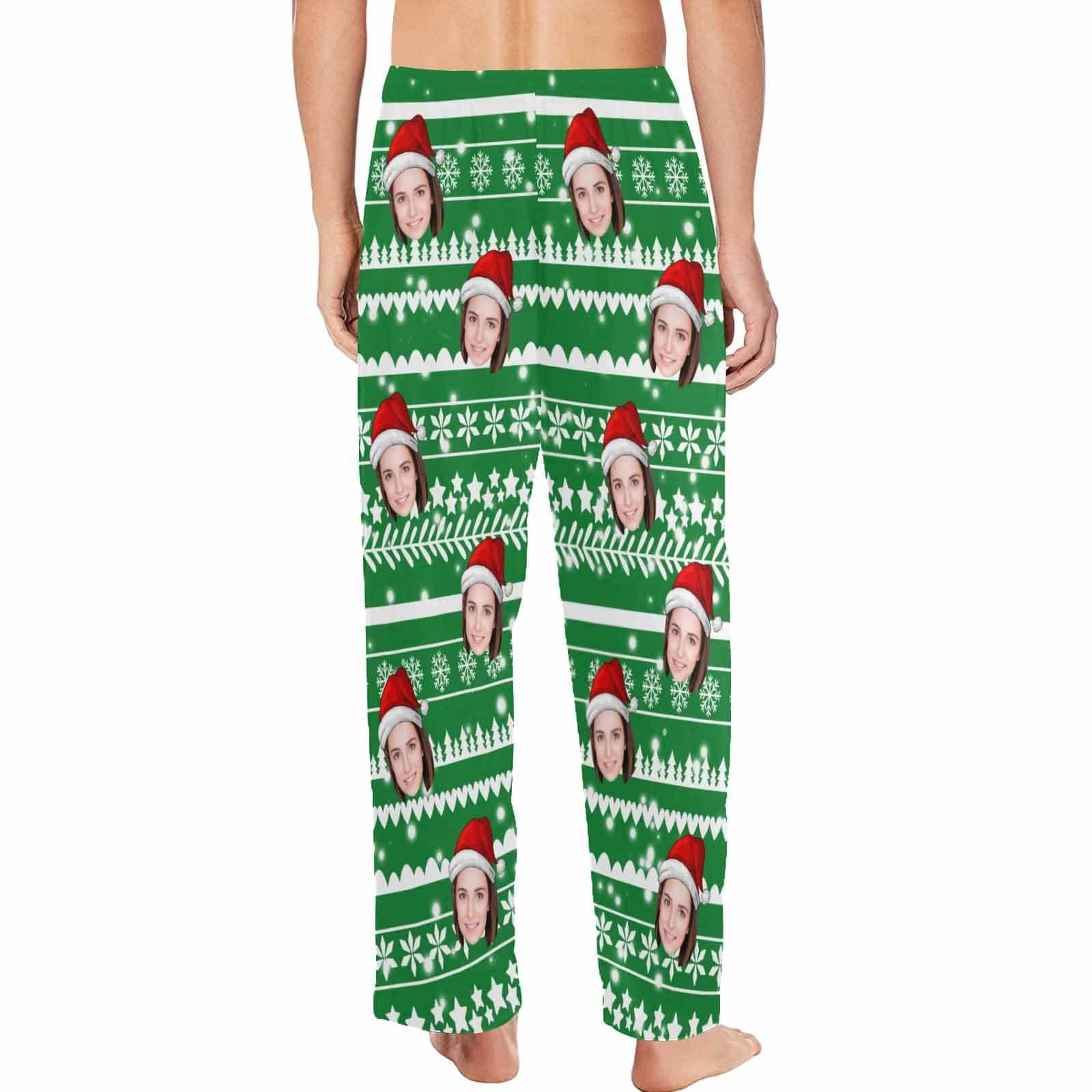 FacePajamas Pajama Shirt&Pants Custom Face Christmas Red Hat Snowflake Sleepwear Personalized Women's&Men's Slumber Party Long Pajama Pants