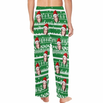 FacePajamas Pajama Shirt&Pants Custom Face Christmas Red Hat Snowflake Sleepwear Personalized Women's&Men's Slumber Party Long Pajama Pants