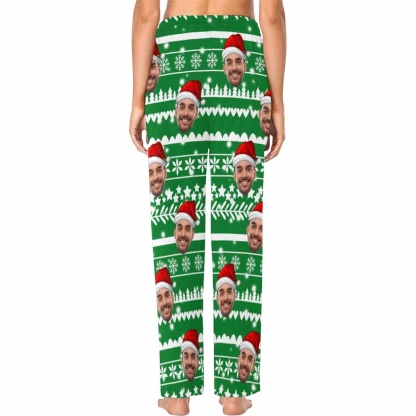 FacePajamas Pajama Shirt&Pants Custom Face Christmas Red Hat Snowflake Sleepwear Personalized Women's&Men's Slumber Party Long Pajama Pants