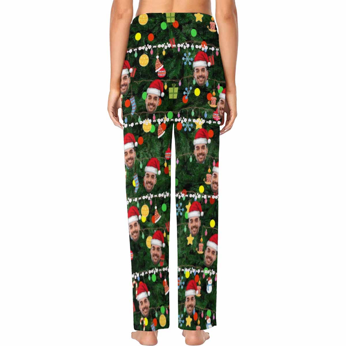 FacePajamas Pajama Shirt&Pants Custom Face Christmas Red Hat Tree Trinkets Sleepwear Personalized Women's&Men's Slumber Party Long Pajama Pants