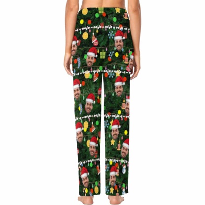 FacePajamas Pajama Shirt&Pants Custom Face Christmas Red Hat Tree Trinkets Sleepwear Personalized Women's&Men's Slumber Party Long Pajama Pants