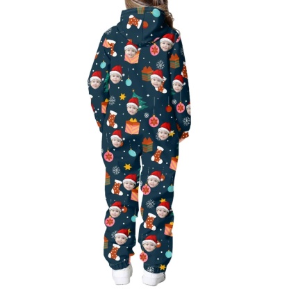 FacePajamas Hooded Onesie-Kid-2ML-ZD Custom Face Christmas Santa Hat Unisex Jumpsuits Zip Up Hoodie Onesie with Pockets for Kids Boys Girls
