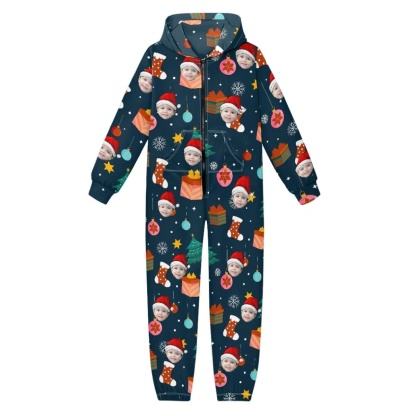 FacePajamas Hooded Onesie-Kid-2ML-ZD Custom Face Christmas Santa Hat Unisex Jumpsuits Zip Up Hoodie Onesie with Pockets for Kids Boys Girls