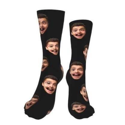 FacePajamas Sublimated Crew Socks Custom Face Classic Design Black Background Stripes Big Eyes Socks Personalized Photo Socks Unisex Gift for Men Women