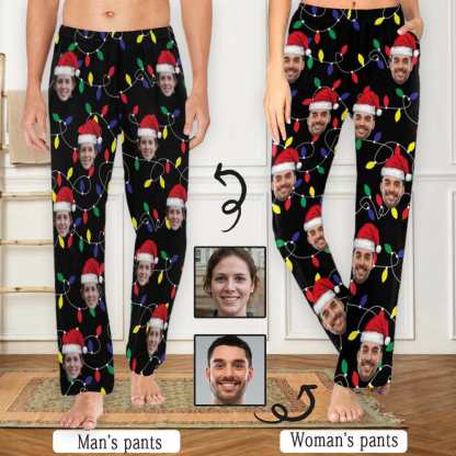 FacePajamas Pajama Shirt&Pants Custom Face Colored Light Bulbs Christmas Red Hat Sleepwear Personalized Women's&Men's Slumber Party Long Pajama Pants