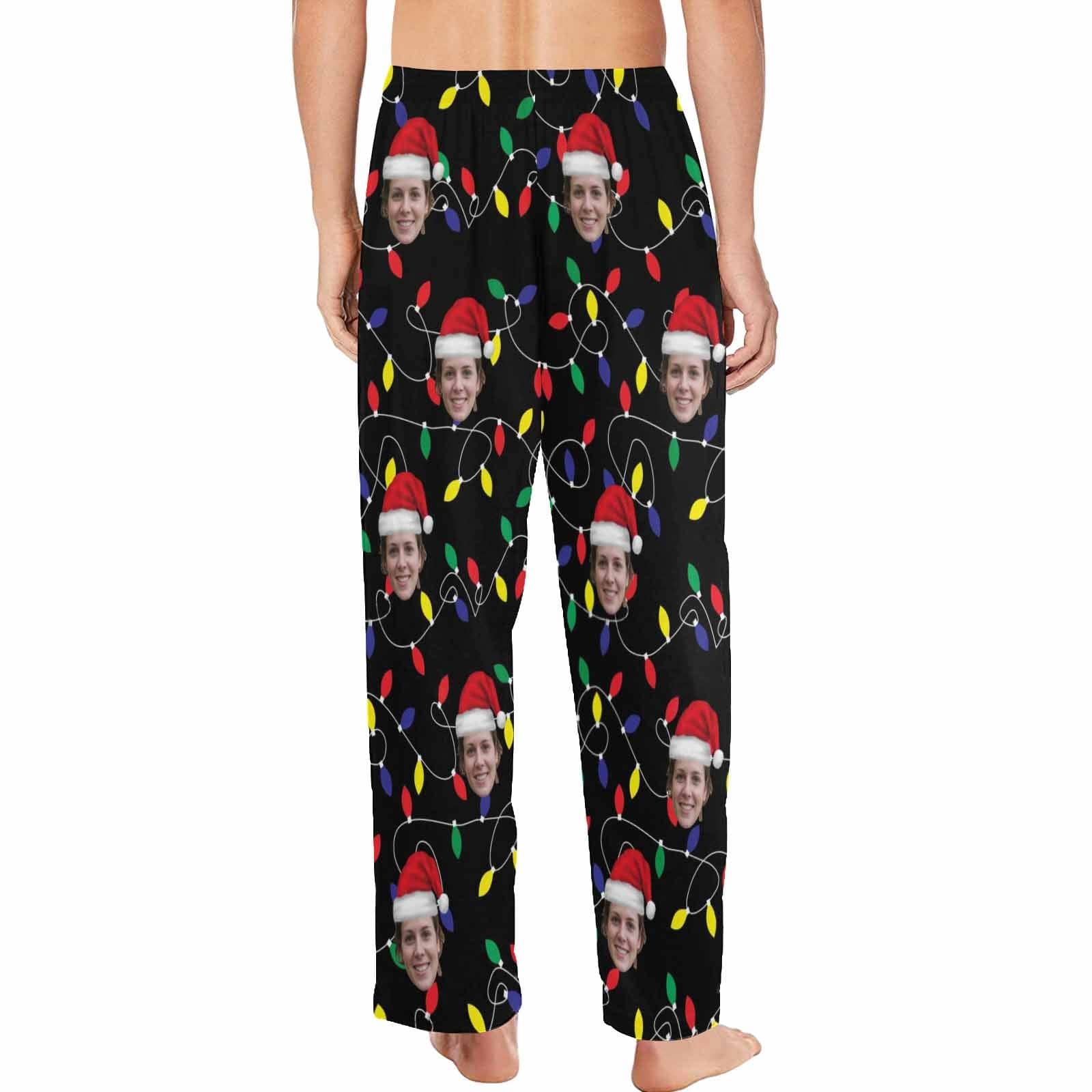 FacePajamas Pajama Shirt&Pants Custom Face Colored Light Bulbs Christmas Red Hat Sleepwear Personalized Women's&Men's Slumber Party Long Pajama Pants