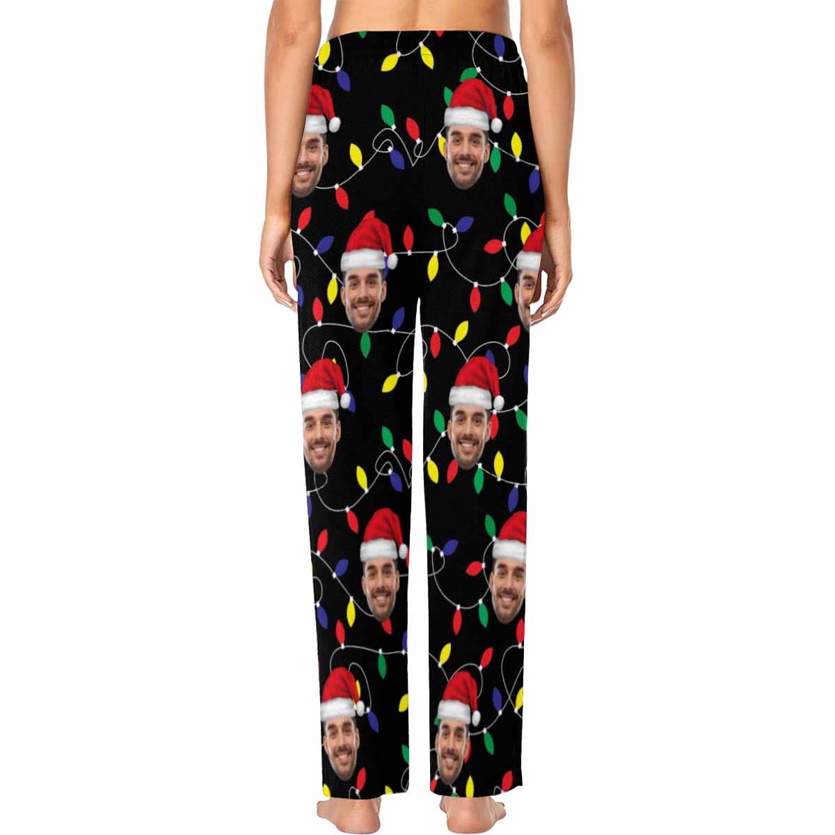 FacePajamas Pajama Shirt&Pants Custom Face Colored Light Bulbs Christmas Red Hat Sleepwear Personalized Women's&Men's Slumber Party Long Pajama Pants
