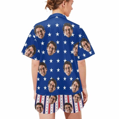 FacePajamas Pajama Custom Face Couple Matching Pajamas USA Flag Personalized Couple Matching V-Neck Short Pajama Set