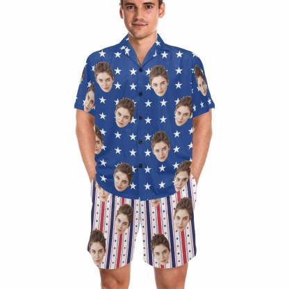 FacePajamas Pajama Custom Face Couple Matching Pajamas USA Flag Personalized Couple Matching V-Neck Short Pajama Set
