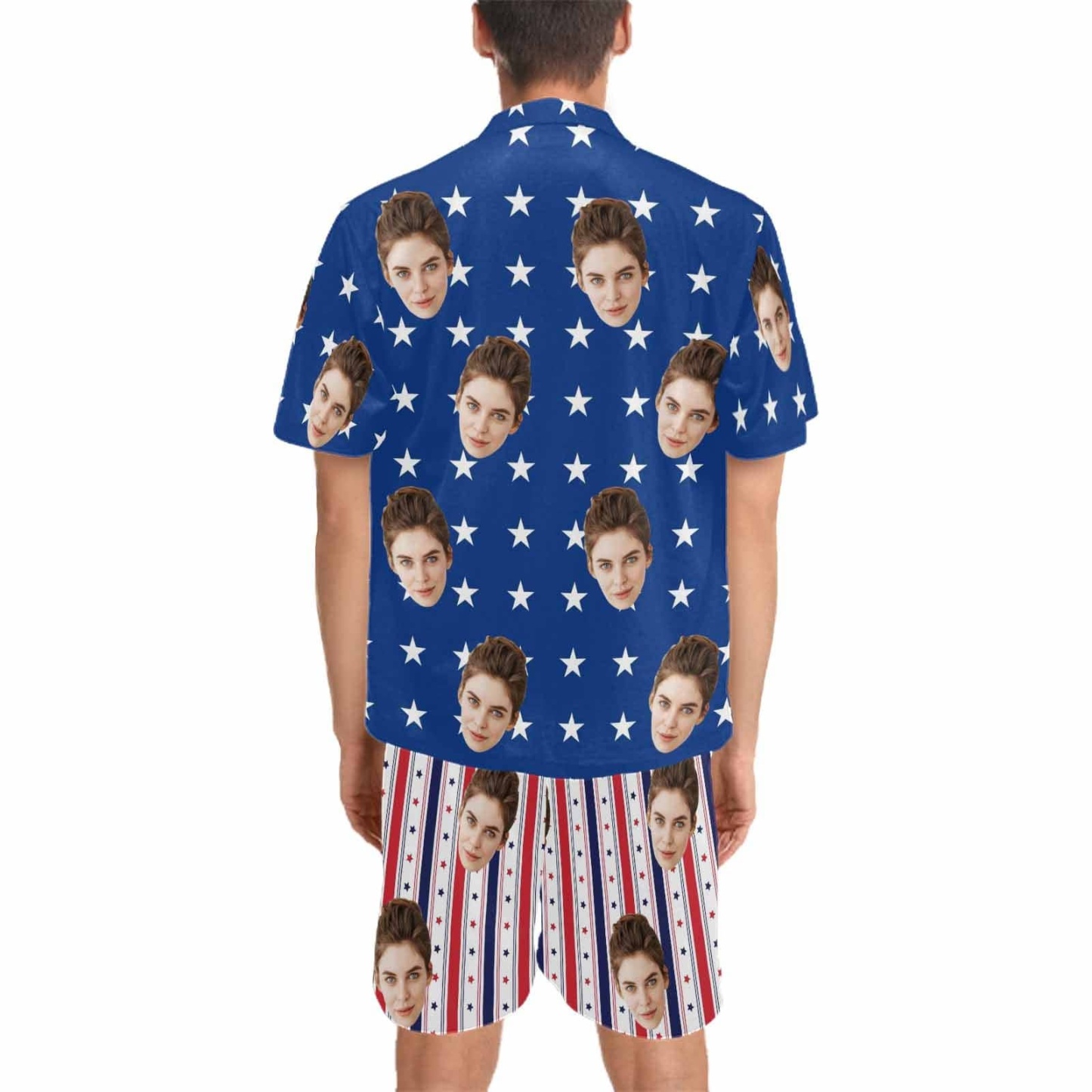 FacePajamas Pajama Custom Face Couple Matching Pajamas USA Flag Personalized Couple Matching V-Neck Short Pajama Set
